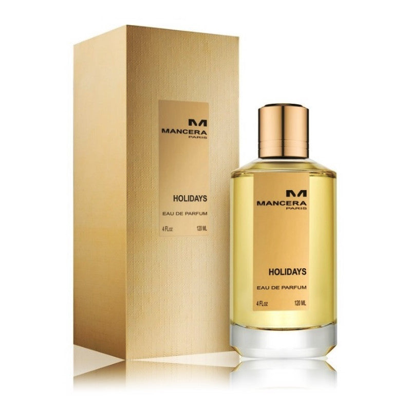 A bottle of Mancera Holidays 120ml Eau De Parfum in front of a box.