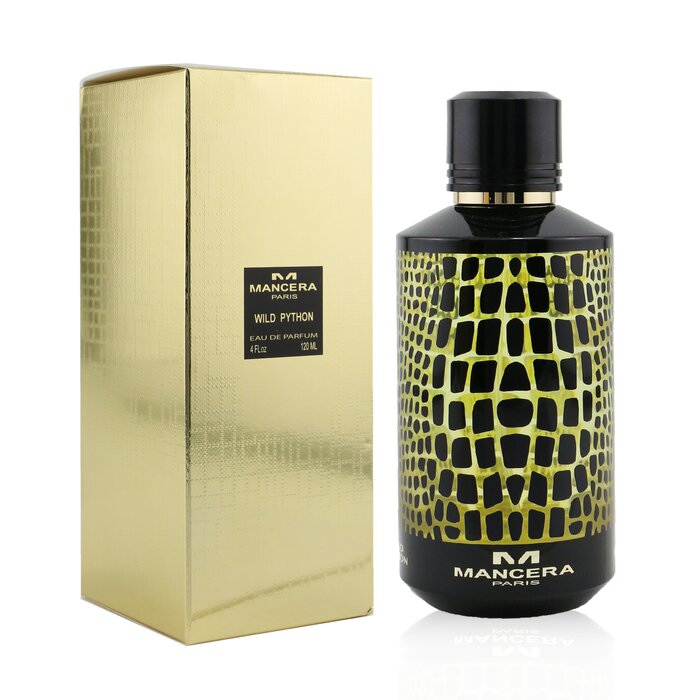 A bottle of Mancera Wild Python 120ml Eau De Parfum by Mancera next to a box.