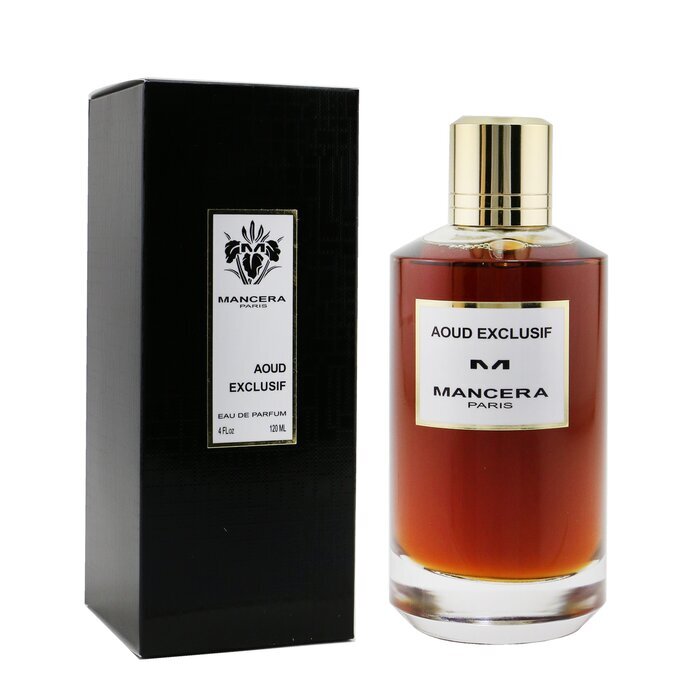 A Mancera Aoud Exclusif 120ml Eau De Parfum with a box next to it.