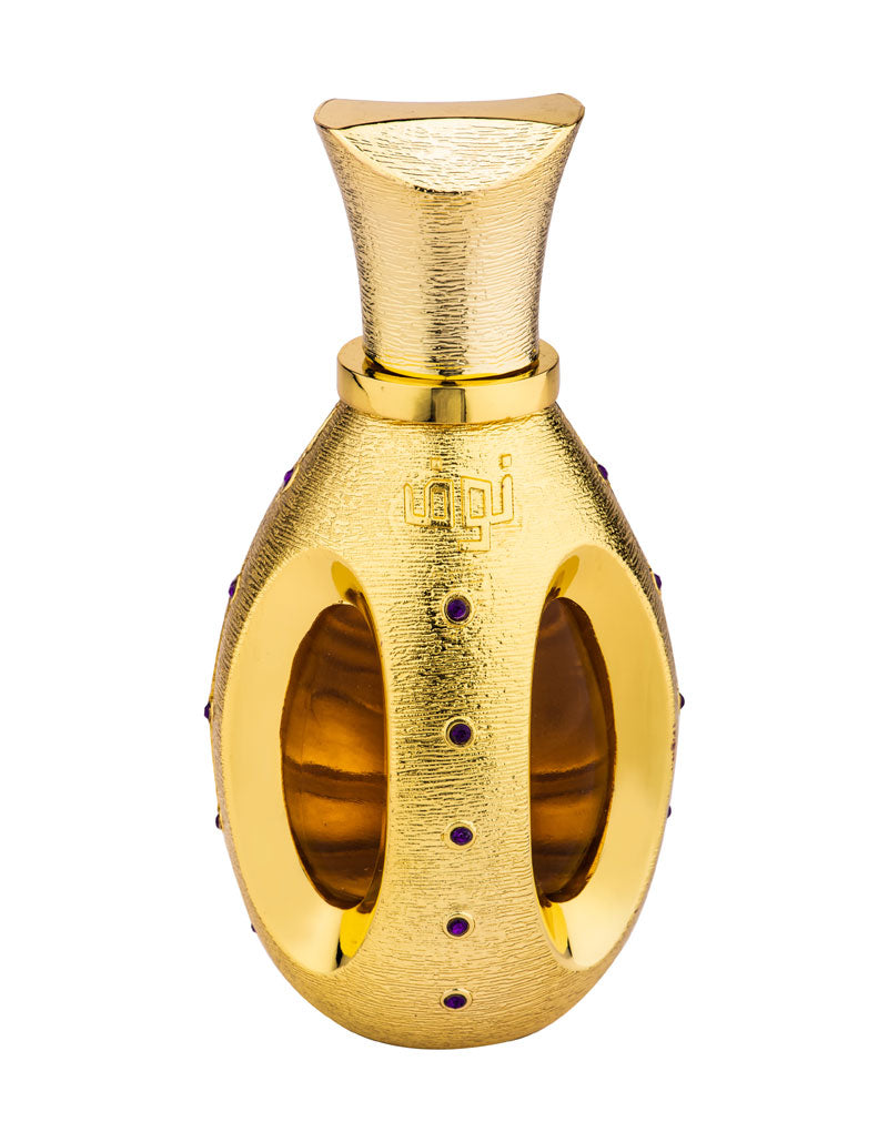 A gold-colored Swiss Arabian Nouf Eau De Parfum bottle with a textured surface, semi-oval cutouts revealing the inner container, and purple gemstone accents, capturing the essence of a Swiss Arabian fragrance.