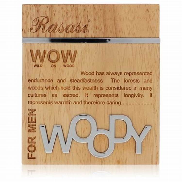 A Rasasi Woody Wow for Men 60ml Eau De Parfum box with the word "wow" on it.