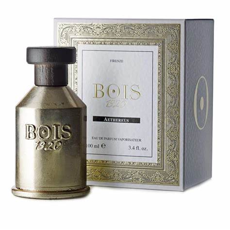 A bottle of Rio Perfumes' Bois 1920 Aethereus Eau De Parfum in front of a box.