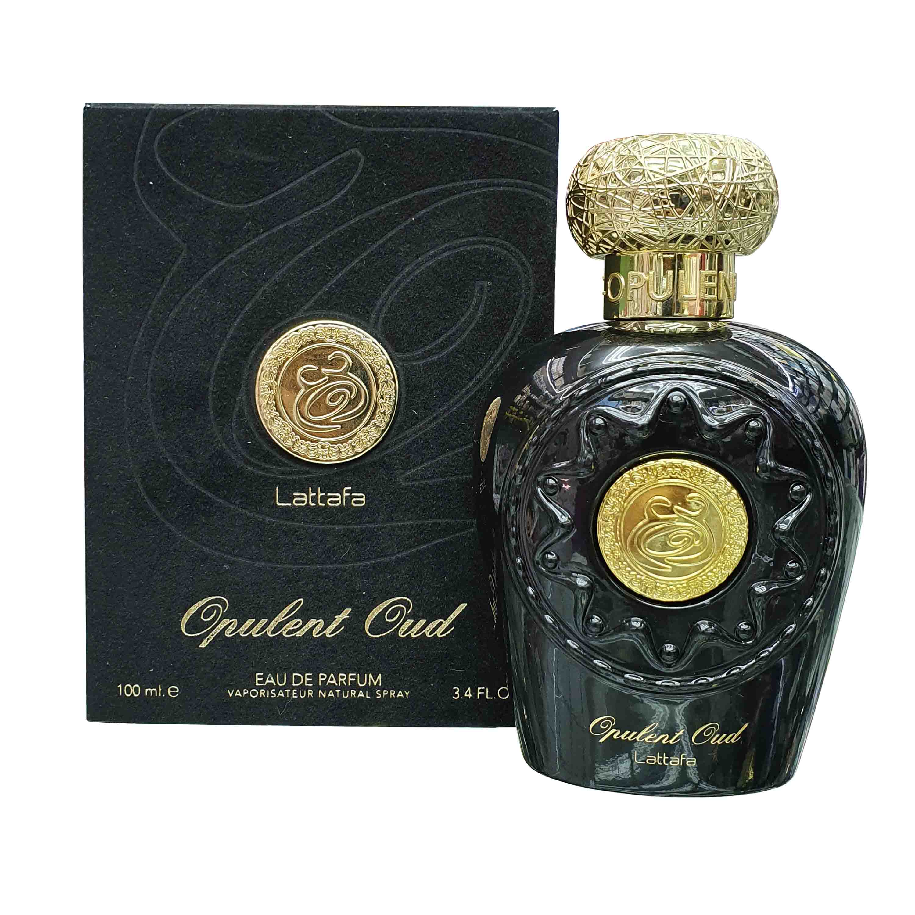 A bottle of Lattafa Opulent Oud 100ml Eau De Parfum.