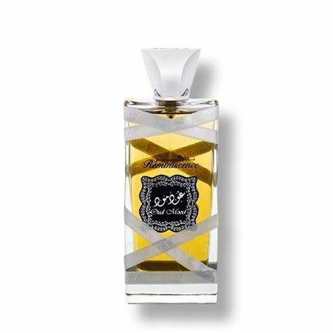 A bottle of Lattafa Oud Mood Reminiscence 100ml Eau de Parfum by Lattafa on a white background.