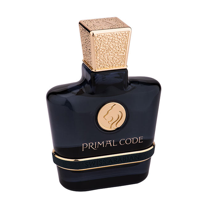 A black and gold perfume bottle of Swiss Arabian Primal Code 100ml Eau De Parfum, a distinguished fragrance for men.