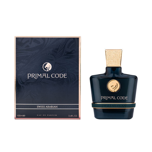 Swiss Arabian Primal Code 100ml Eau De Parfum, is a sophisticated fragrance for men, displayed with its dark blue and gold packaging.