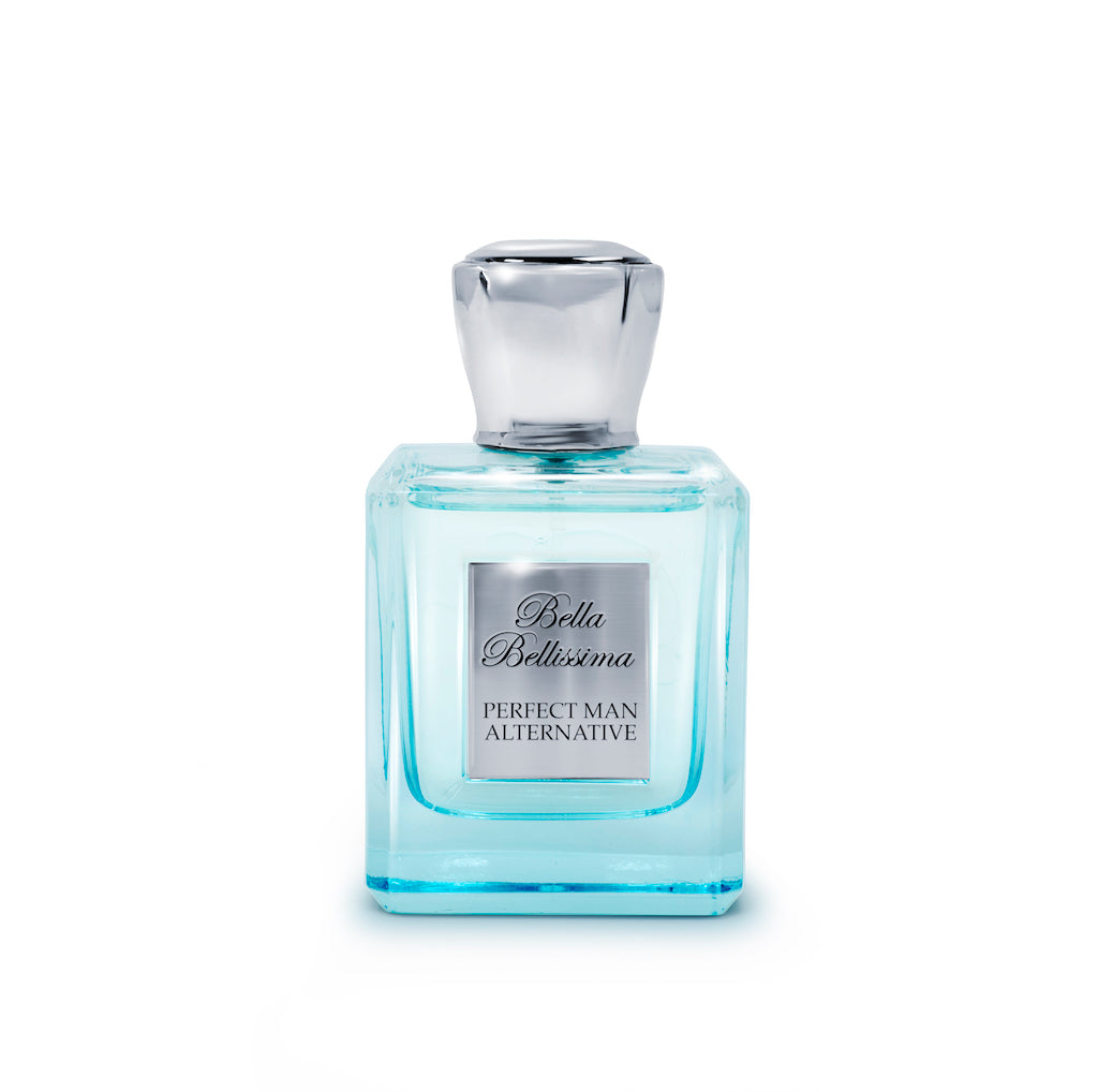 This Aromatic Aquatic fragrance, Bella Bellissima Perfect Man Alternative Cologne Parfum 50ml, comes in a clear glass bottle with a sleek silver cap.