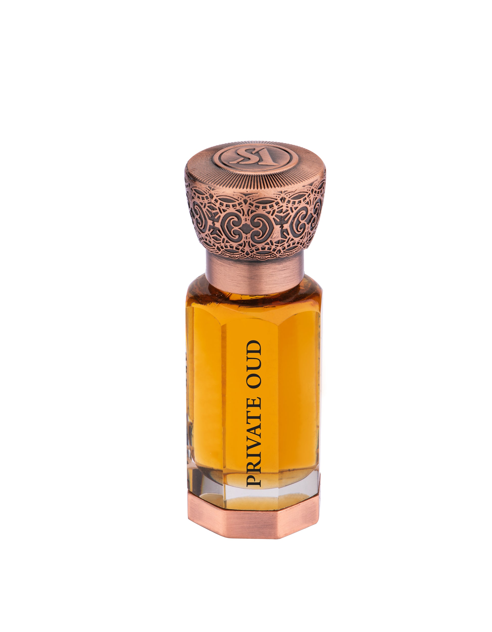 A bottle of "Swiss Arabian Private Oud Concentrated Perfume Oil" with a decorative cap, containing amber-colored liquid. This concentrated perfume oil is a luxurious fragrance for men and women.