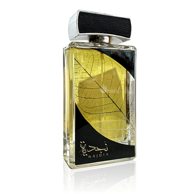 A bottle of Lattafa Najdia 100ml Eau De Parfum with a leaf on it.