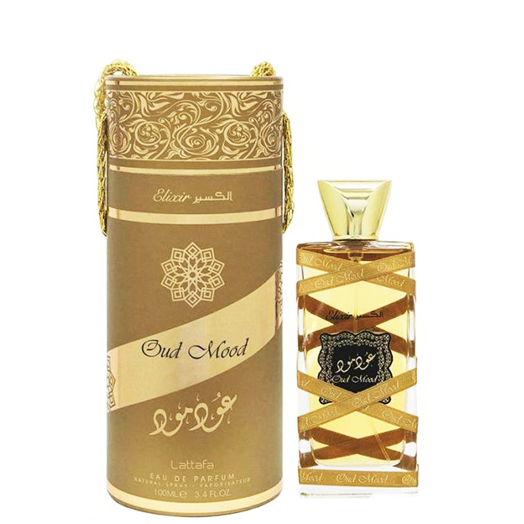 A bottle of lattafa Oud Mood Elixir 100ml Eau De Parfum perfume, accompanied by a box displaying the captivating fragrance of oud.