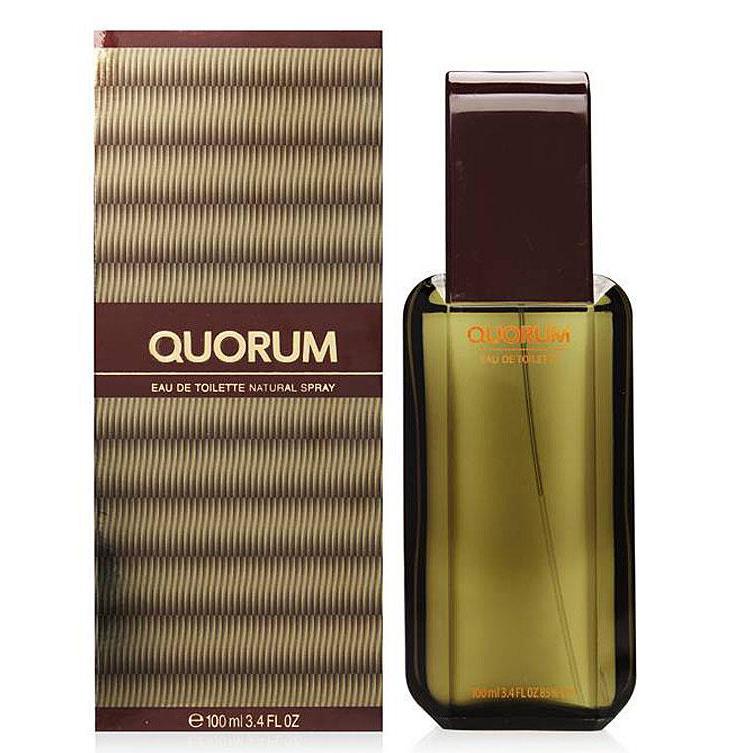 A 100ml bottle of Quorum by Antonio Puig EDT on a white background available at Rio Perfumes.