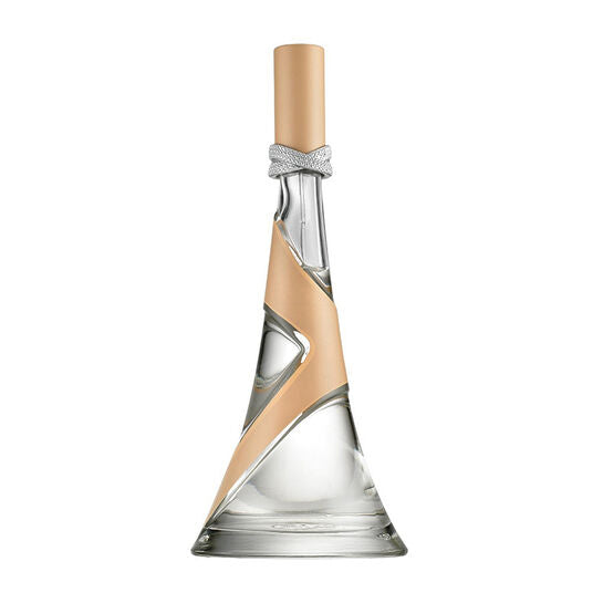 A bottle with a Rihanna Nude 100ml Eau De Parfum by Rihanna, featuring a gold and beige design.