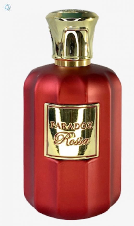 A bottle of Paris Corner Fragrance Avenue Paradox Rossa 100ml Eau De Parfum by Dubai Perfumes for women on a white background.