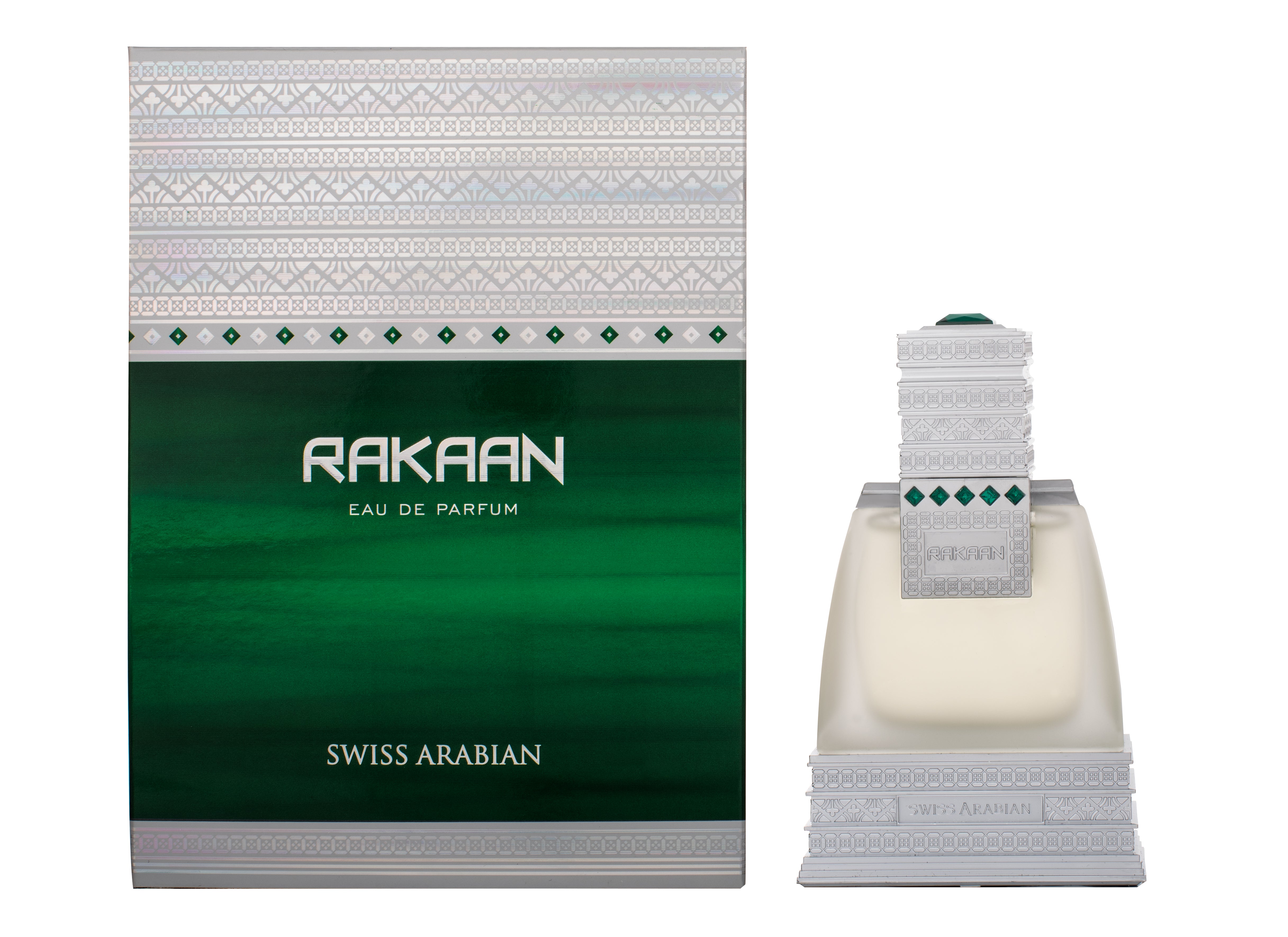 The Swiss Arabian Rakaan Eau De Parfum, available in a "Buy 1 Get 1 Free" offer, features an intense woody aroma. Housed in a green and silver box with Middle Eastern geometric patterns, this men's fragrance provides a traditional oud experience.