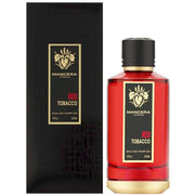 A bottle of Mancera Paris Red Tobacco 120ml Eau De Parfum next to a box.