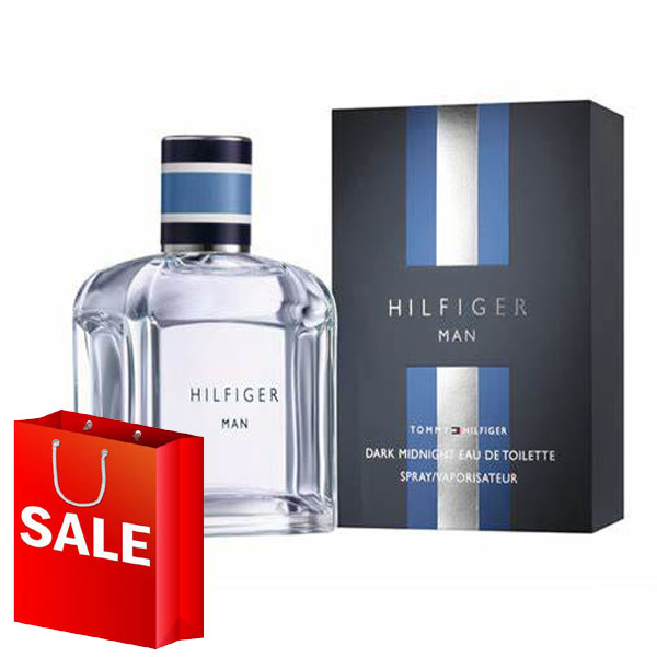 A 50ml bottle of Tommy Dark Midnight Eau De Toilette by Tommy Hilfiger with a shopping bag from Rio Perfumes.