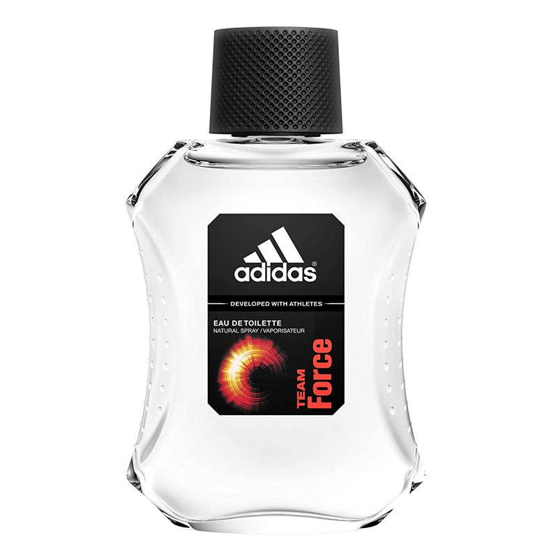 The Adidas Team Force 100ml Eau de Toilette, perfect for men, features a clear bottle with a black label and cap adorned with the iconic white and orange Adidas logo. Buy 1 Get 1 Free offer available.