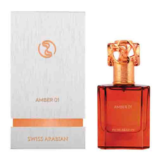 A women's fragrance, Swiss Arabian Amber 01 50ml Eau De Parfum, packaged in an orange box.