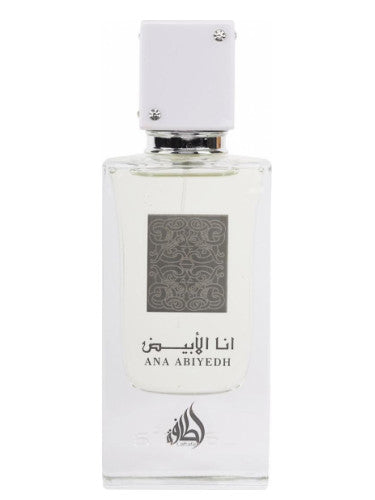 A clear glass bottle of Lattafa Ana Abiyedh 60ml Eau De Parfum from Lataffa, topped with a white cap and labeled "Lattafa Ana Abiyedh," showcases a decorative grey design on its front. This versatile fragrance for men and women embodies elegance in timeless simplicity.