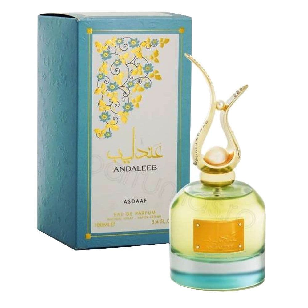 A bottle of Lattafa Asdaaf Andaleeb 100ml Eau de Parfum in front of a box.