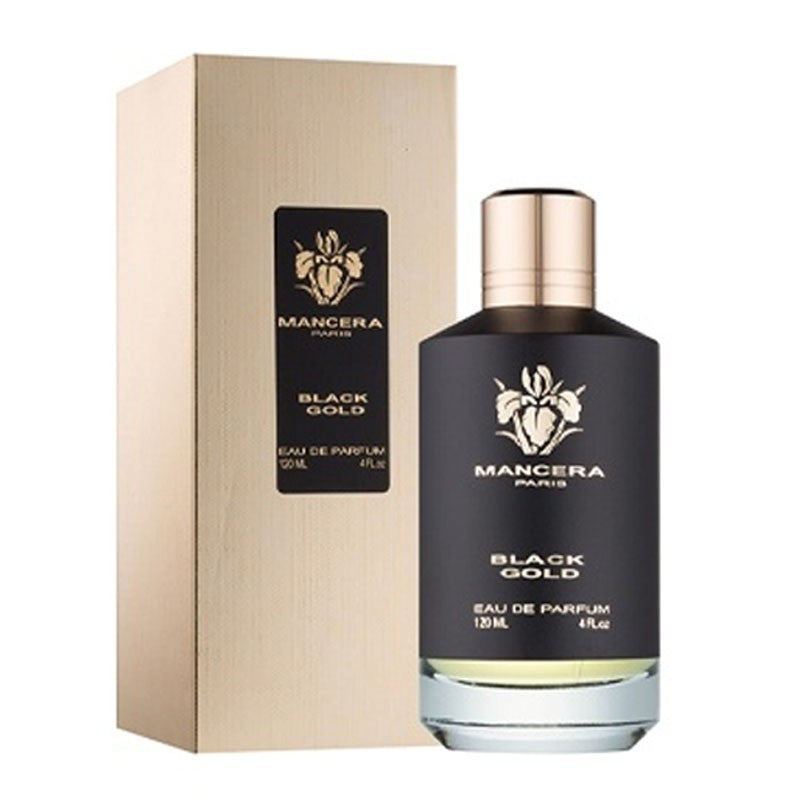 A bottle of Mancera Black Gold 120ml Eau De Parfum cologne in front of a box.