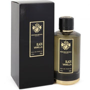 A bottle of Mancera Black Vanilla 120ml Eau De Parfum next to a box.