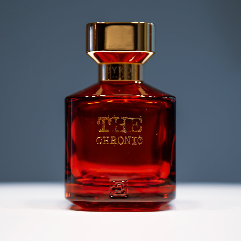 A bottle of Byron Parfums Parfums The Chronic 75ml Extrait De Parfum by Byron Parfums sitting on a table.