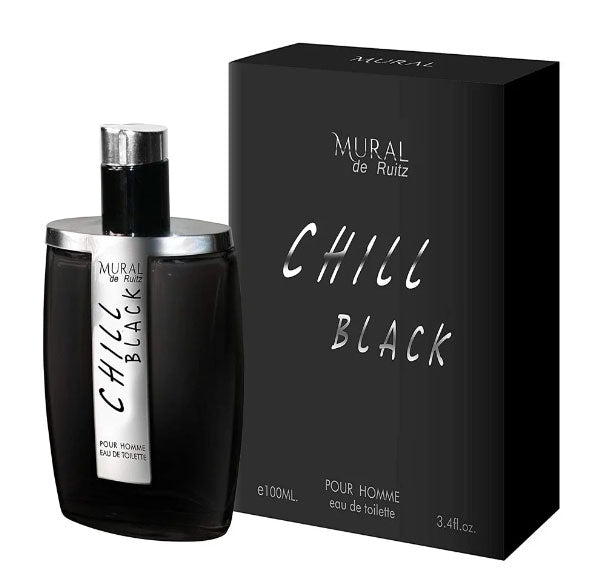 A bottle of men's fragrance, Mural De Ruitz Chill Black 100ml Eau De Toilette by Mural de Ruitz.