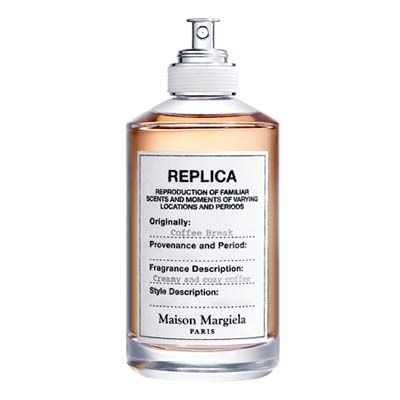 A Mason Margiela REPLICA Coffee Break 100ml Eau De Toilette perfume bottle on a white background.