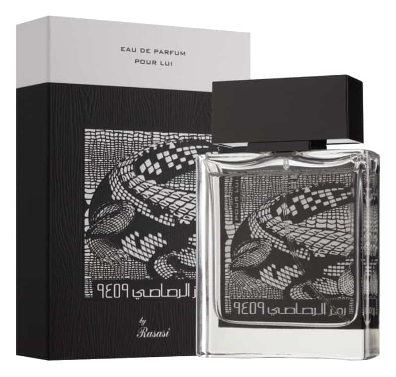 A bottle of Rasasi Rumz Al Rasasi 9459 Crocodile pour lui 50ml Eau De Parfum featuring an image of a chameleon.