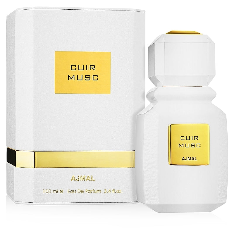 A bottle of Ajmal Cuir Musc 100ml Eau De Parfum in a white box, available at Rio Perfumes.