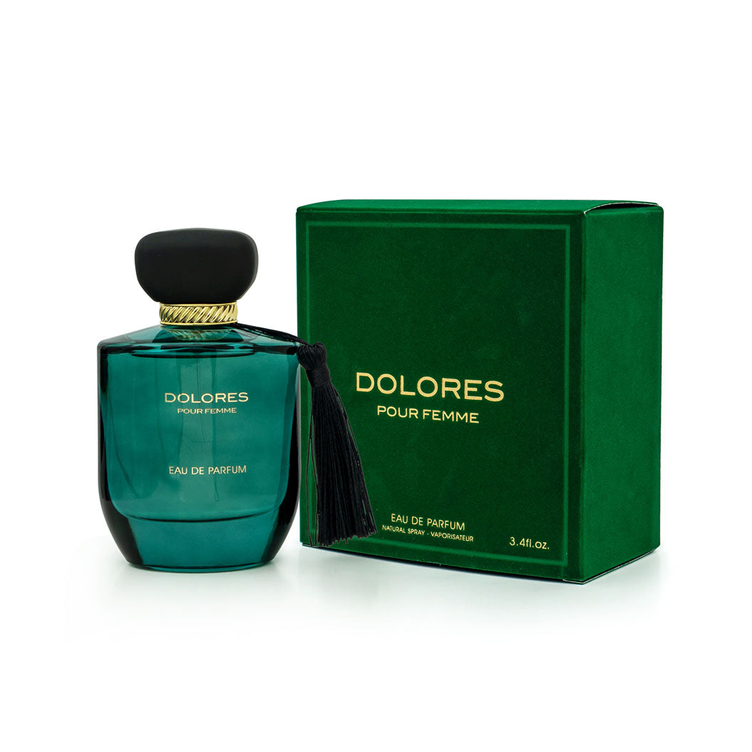 The Fragrance World Dolores Pour Femme 100ml Eau de Parfum features a green bottle with a black cap and tassel, alongside a matching green box. It offers an elegant and alluring fragrance for women and includes a Buy 1 Get 1 Free offer.