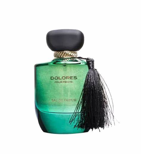 Sophisticated Fragrances: A green bottle with a black cap and chic tassel, labeled "Fragrance World Dolores Pour Femme Eau De Parfum." This elegant women's fragrance embodies timeless allure. Enjoy the 100ml scent with a buy one, get one free offer.