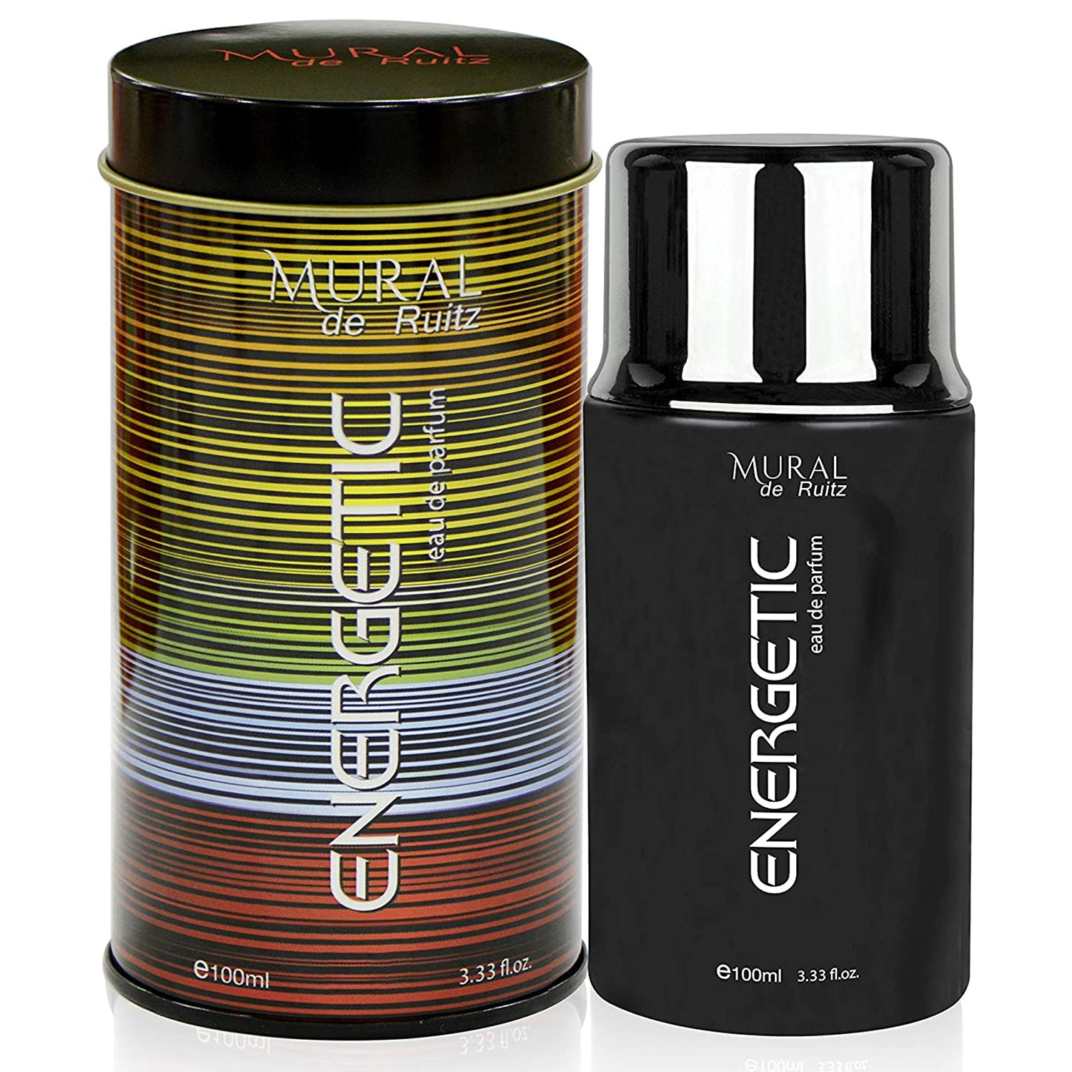 A tin of Mural de Ruitz Energetic 100ml Eau De Toilette next to a can.