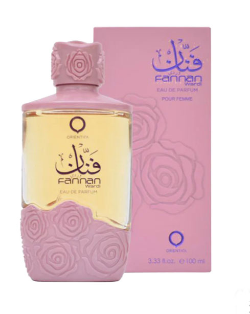 A bottle of Orientica Fannan Wardi 100ml Eau de Parfum with a box next to it.