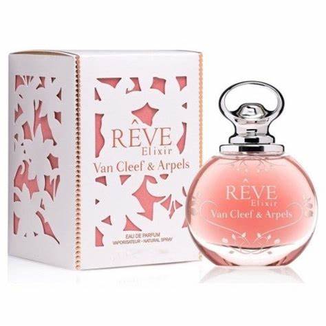 A bottle of Van Cleef & Arpels Rêve Elixir 100ml Eau De Parfum from Rio Perfumes in front of a box.