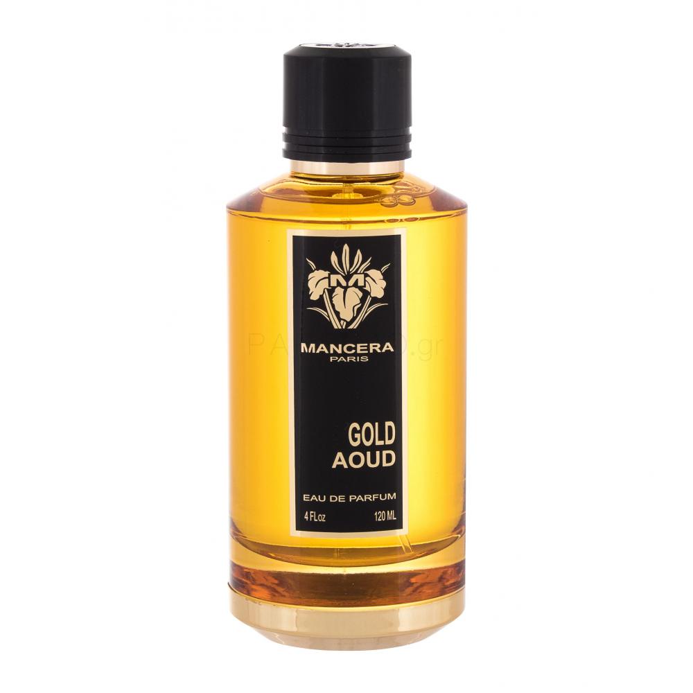 A bottle of Mancera Gold Aoud 120ml Eau De Parfum by Mancera on a white background.