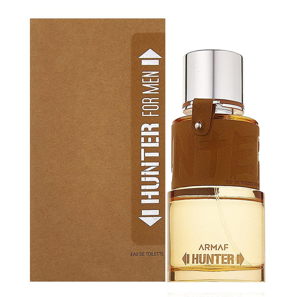 A bottle of Armaf Hunter Men 100ml Eau De Toilette cologne next to a box