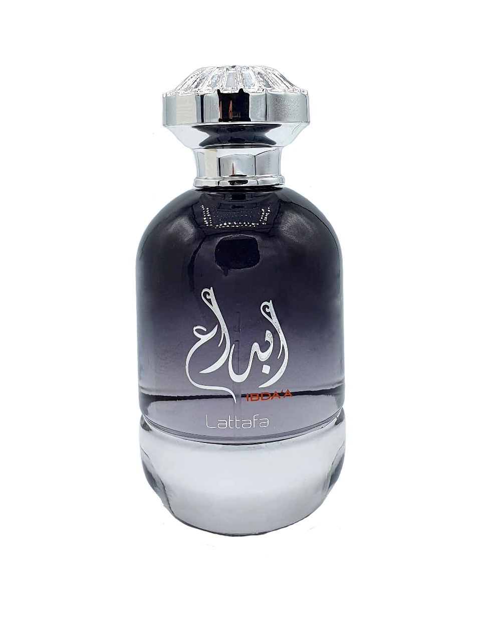 An exquisite bottle of Lattafa Ibda'a 100ml Eau De Parfum with arabic writing and captivating fragrance by Lattafa.