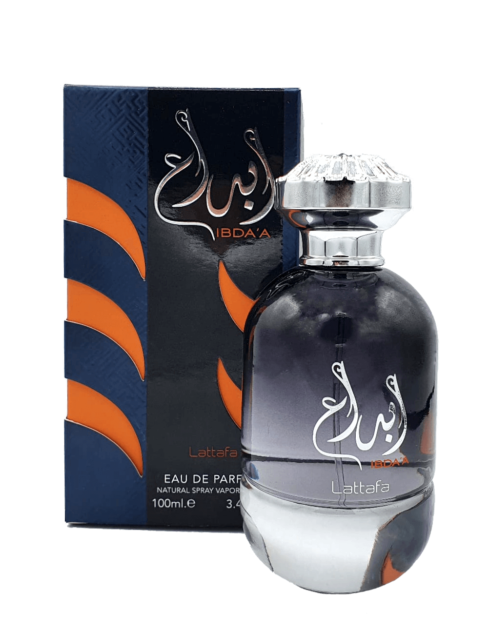 A bottle of Lattafa Ibda'a 100ml Eau De Parfum with an orange and blue box.