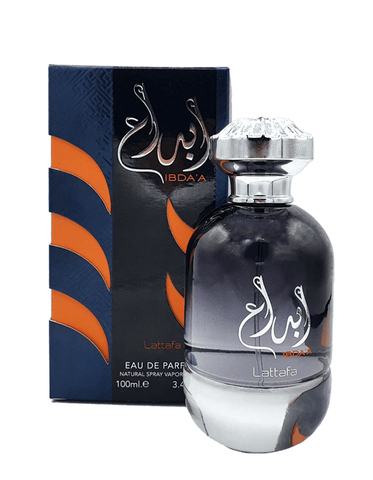 A bottle of Lattafa Ibda'a 100ml Eau De Parfum with an orange and blue box.