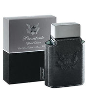 A black leather case with a box and a bottle of cologne containing Emper Presidente Pour Homme 100ml Eau De Parfum.