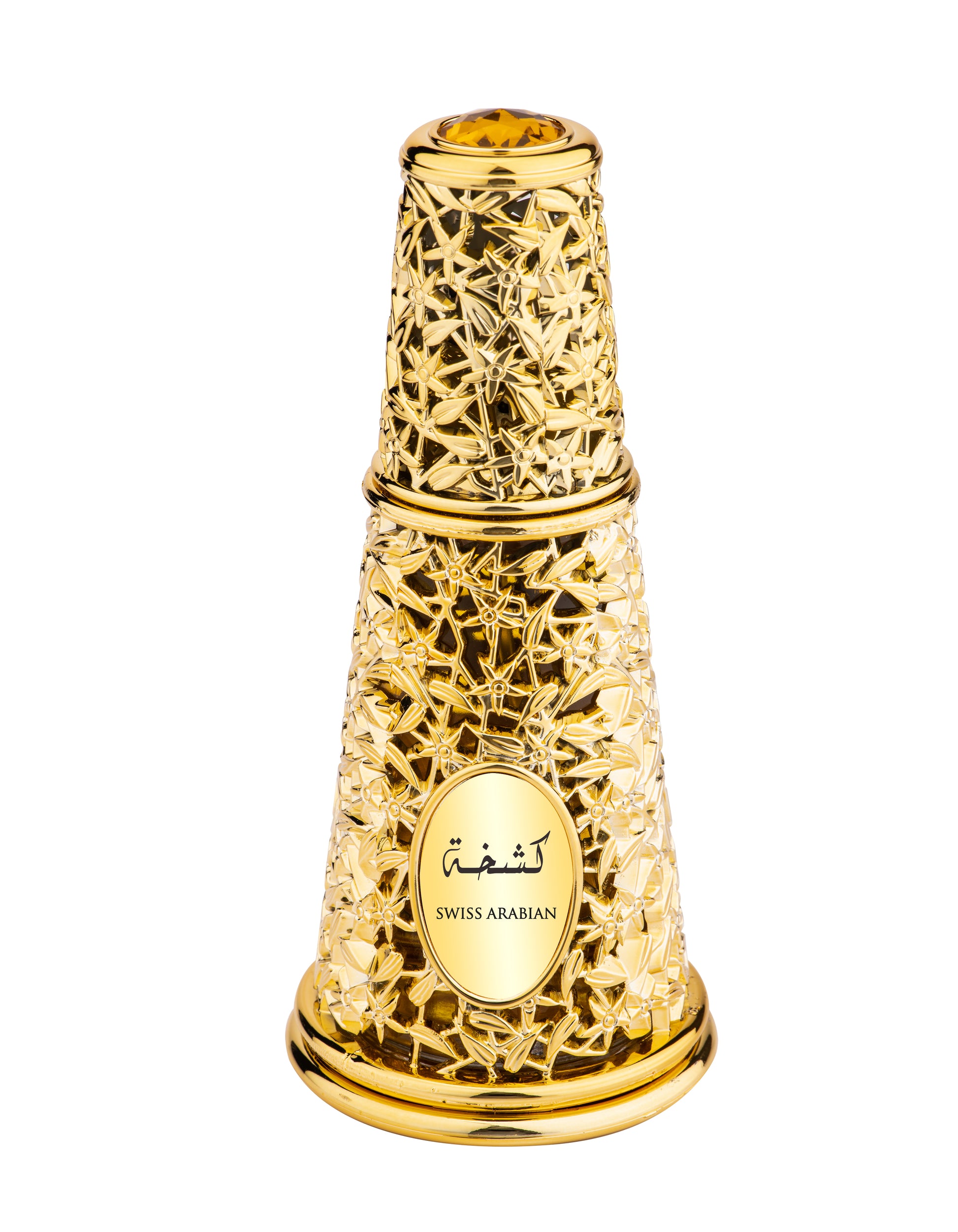 The Swiss Arabian Kashka Eau De Parfum, with its ornate gold bottle and intricate lattice design, captures luxury. Featuring the "Swiss Arabian" label in Arabic and English, this rich oud fragrance adds timeless elegance to your unisex perfume collection. Buy 1 Get 1 Free offer available!.