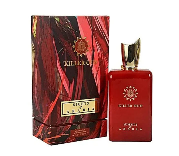 A bottle of Dubai Perfumes Killer Oud Nights of Arabia 100ml Eau de Parfum in front of a box.