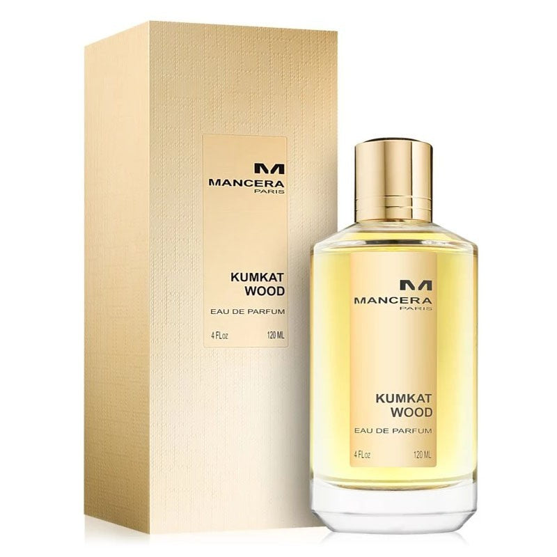 A bottle of Mancera Kumkat Wood 120ml Eau De Parfum in front of a box.