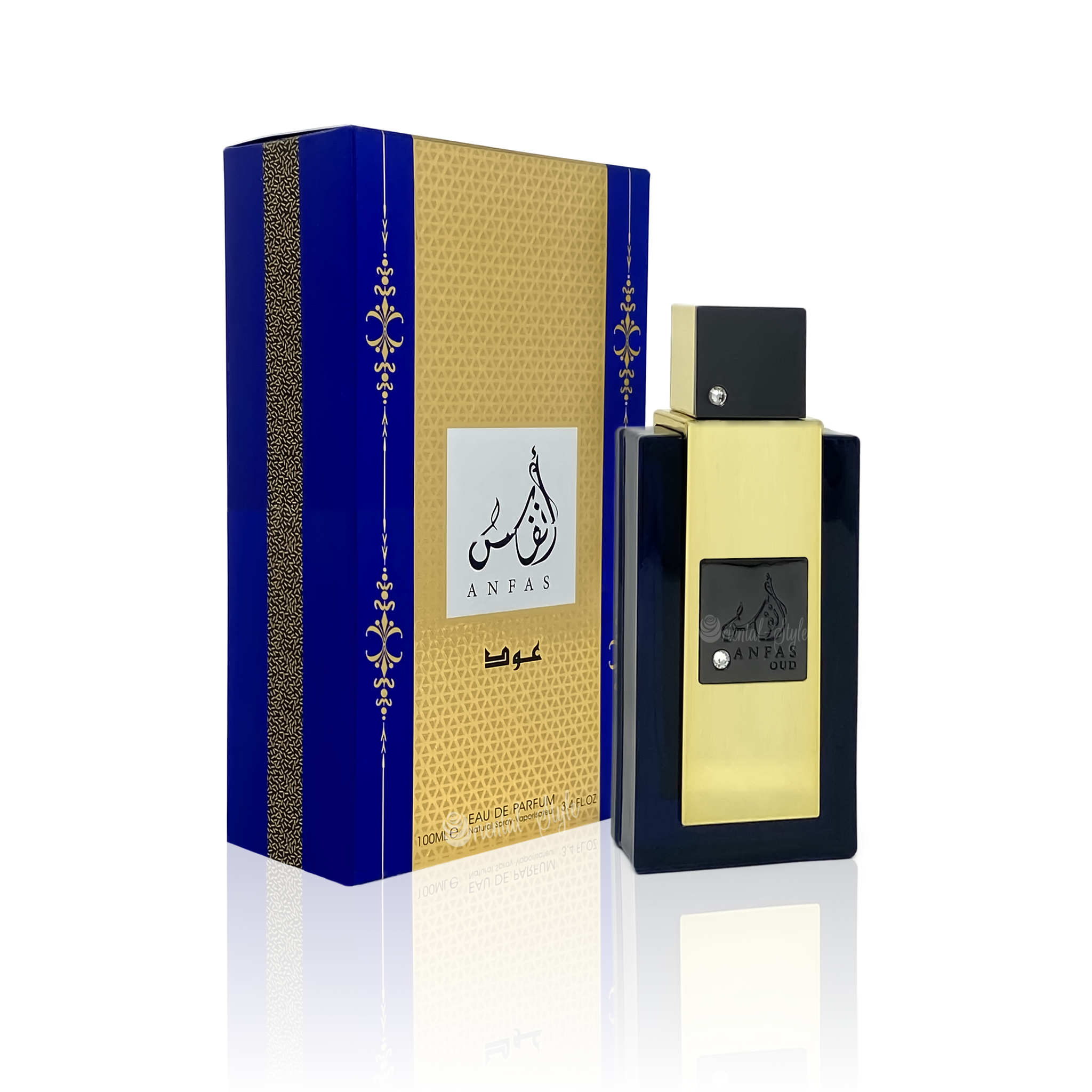 A bottle of Lattafa Anfas Oud 100ml Eau De Parfum for men with a blue box.