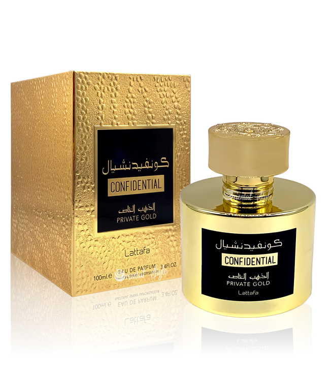 A Lattafa Confidential Gold 100ml Eau De Parfum in a gold box.