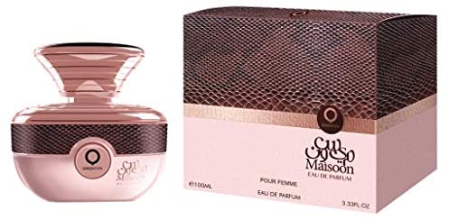 An Orientica Maisoon 100ml Eau De Parfum bottle with a box next to it, perfect for women.