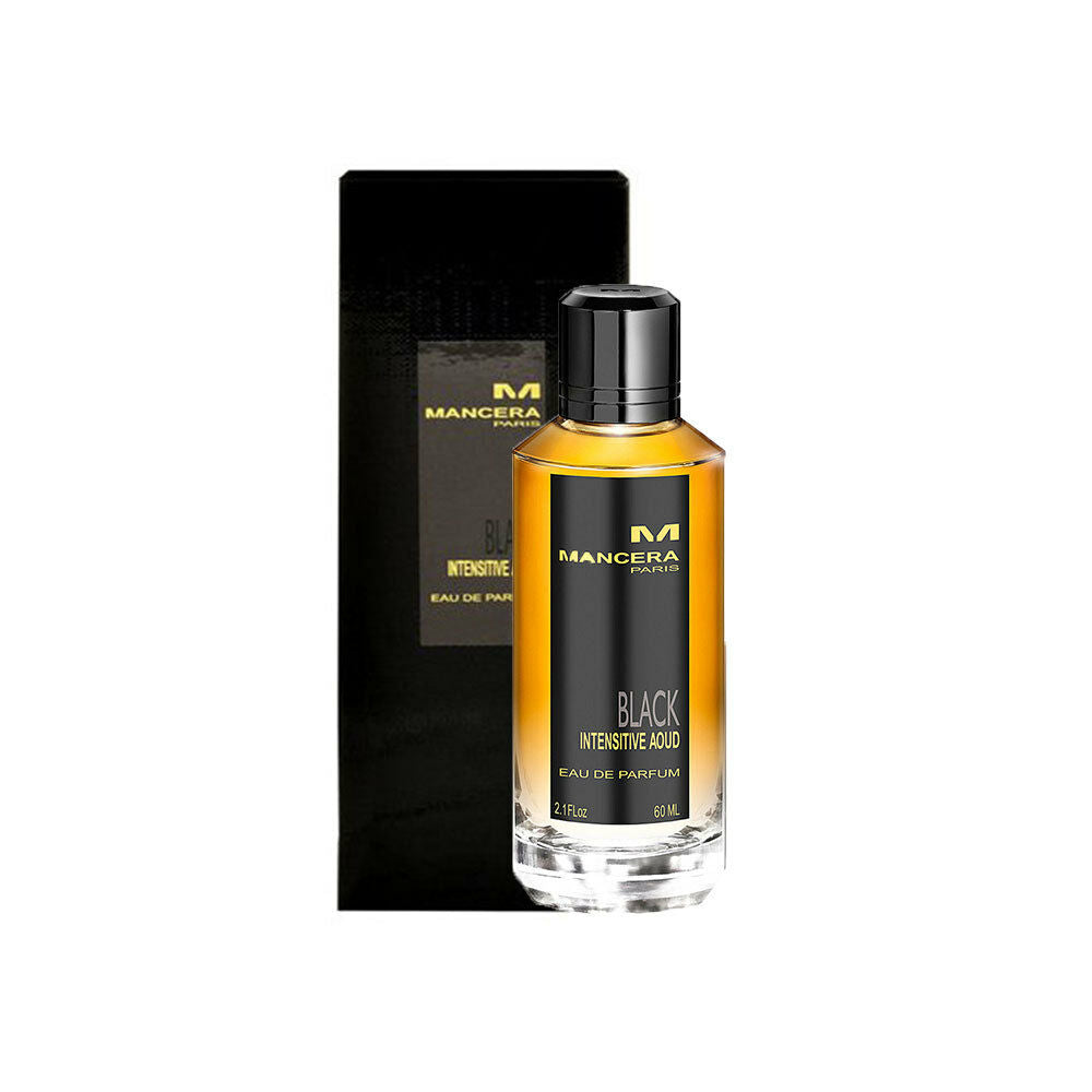 A Mancera Black Intensitive Aoud 120ml Eau De Parfum bottle alongside a Rio Perfumes box.