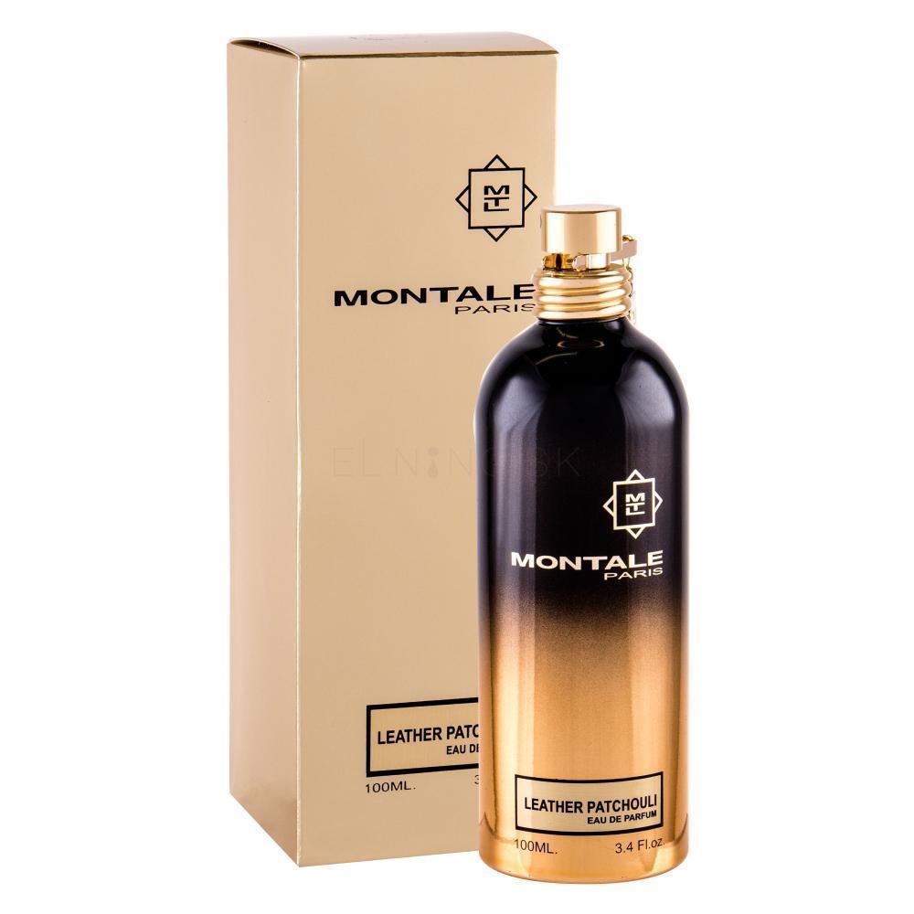 A bottle of Montale Paris Leather Patchouli 100ml eau de toilette, combining the enchanting notes of leather and patchouli in a luxurious gold box.